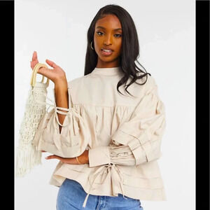 NWT Fashion Union Tall Smock Blouse with Tie Sleeves in Cream Size 6